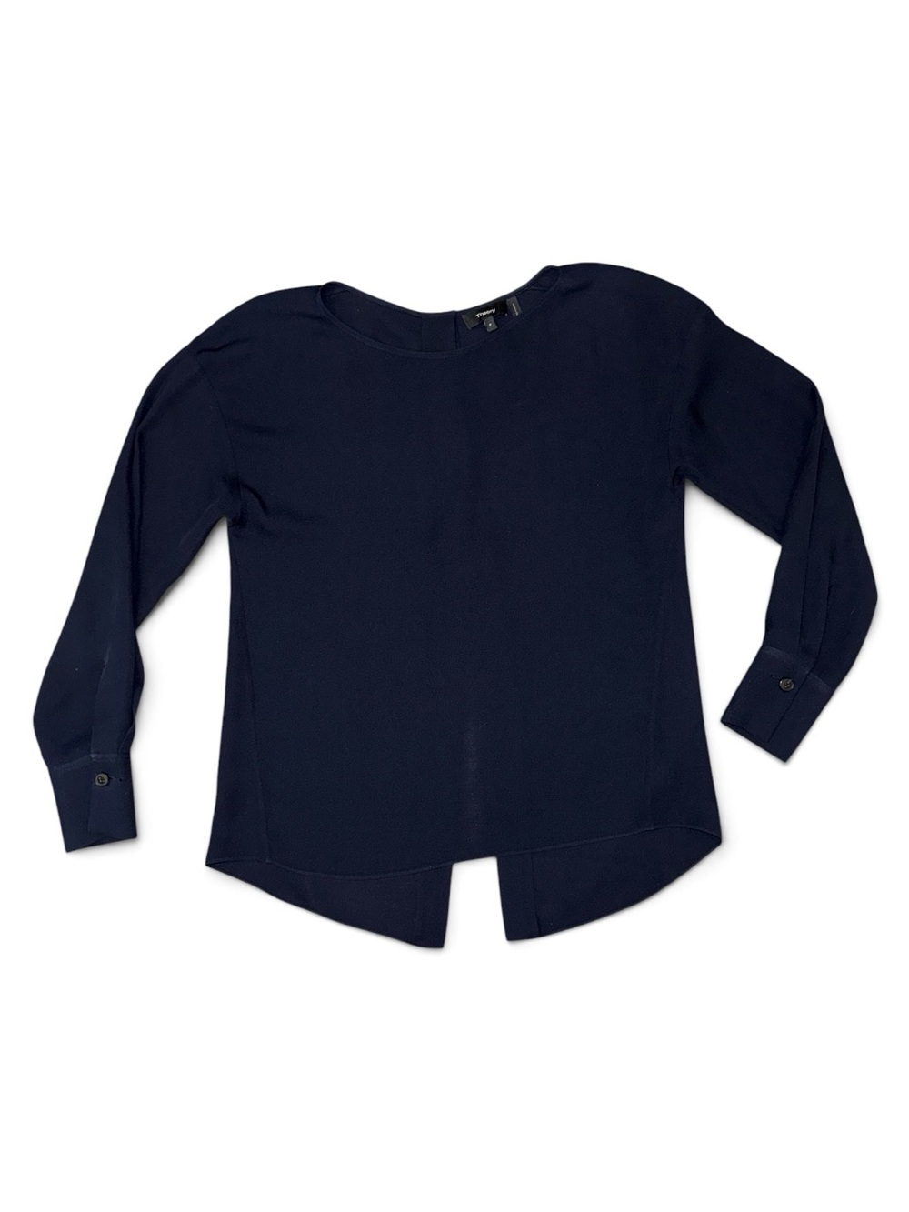 Theory Jarthstin Silk P Navy Blue Open Split back Crewneck Long Sleeves Blouse